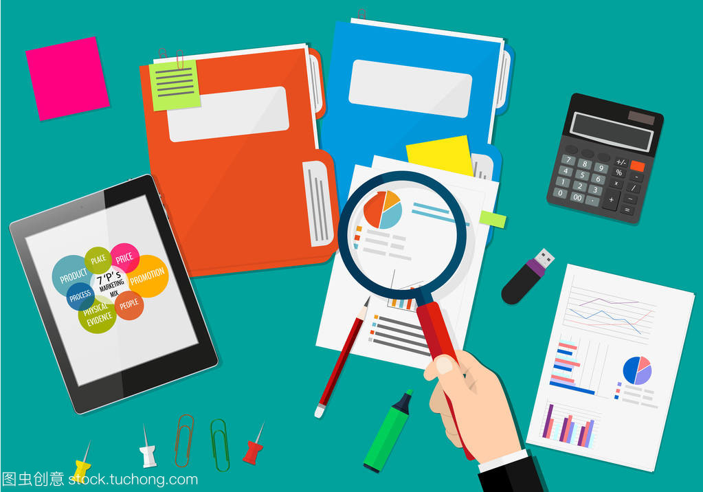 手拿放大镜,财务报告的分析。金融审计的概念。审计税务处理。市场营销组合